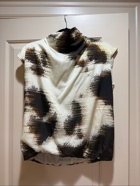 Psophia Abstract Patterned Sleeveless Mock Neck Top - Cream, Black, Brown